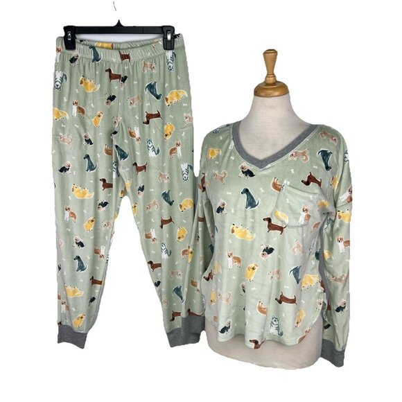Cuddl Duds Size Small Dogs Pajamas 2 Pc Set Green Long Sleeve Cuffed Pockets - Picture 1 of 11